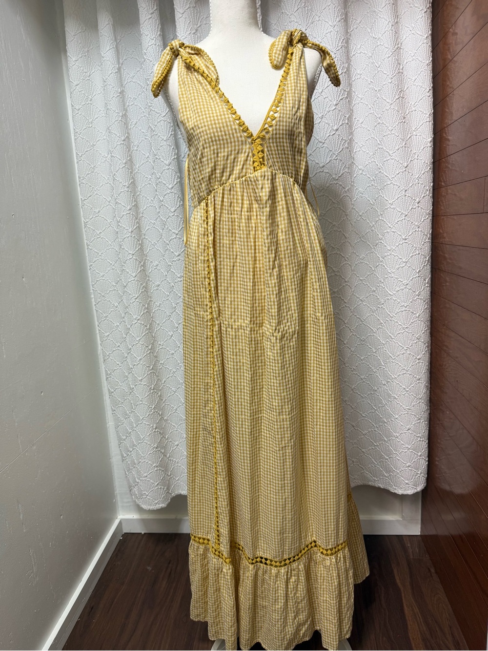 Yellow Gingham Tie-Shoulder Maxi Dress